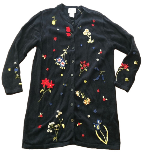 The Quacker Factory Sweaters - Floral embroidered black duster long cardigan sweater coat flower beaded